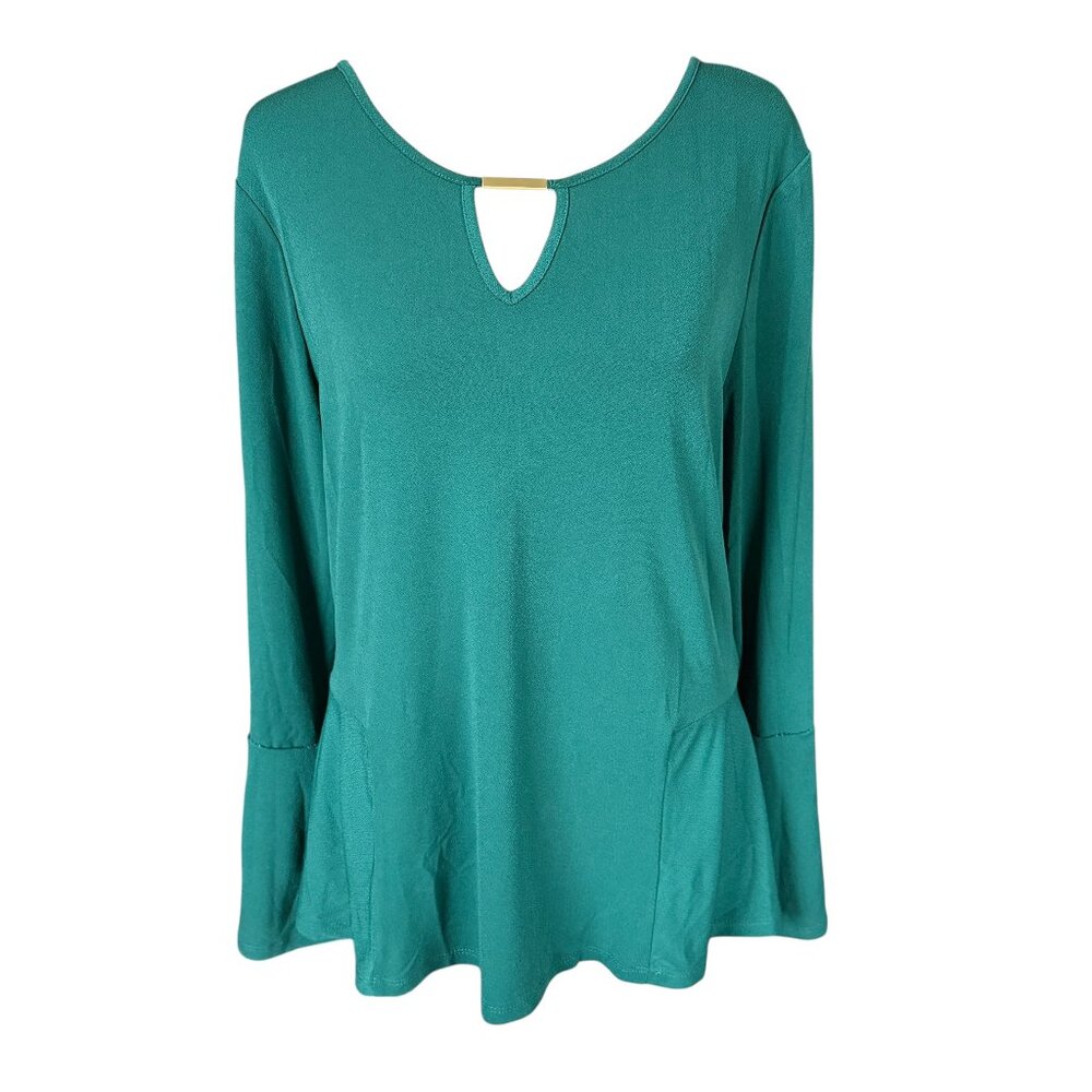 Thalia Sodi green long sleeve stretchy pullover blouse criss cross back size L